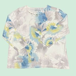 ALFRED‎ DUNNER PM Blue Floral 3/4 Sleeve Beaded Neckline Sweater Petite Medium